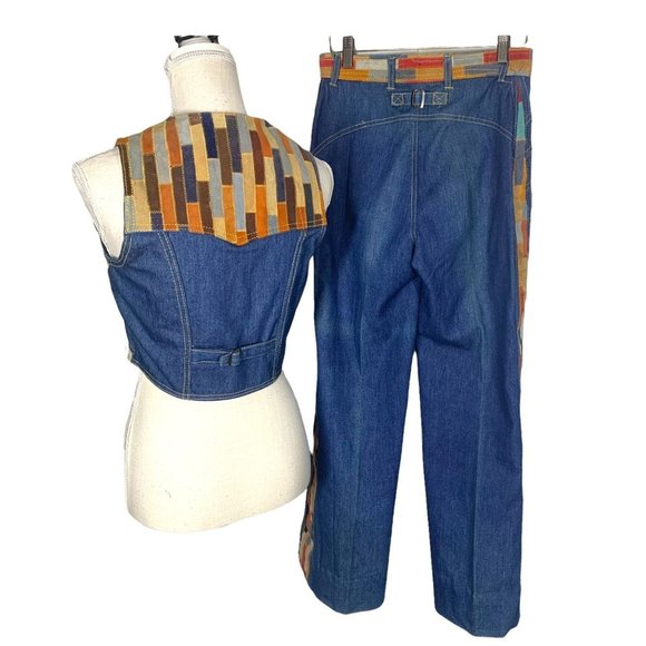 Vintage 70s Fredericks of Hollywood Suede Patchwork Denim Vest Set Medium - Picture 2 of 16